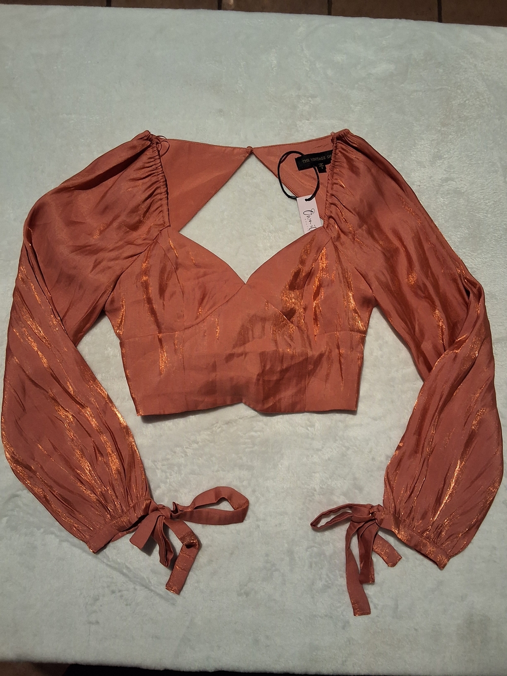 The Vintage Shop Rust Metallic Puff-Sleeve Crop Top